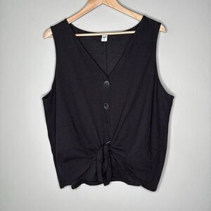 Old Navy Tie Waist Button Down Tank Top in Black Crinkle Fabric Size XXL